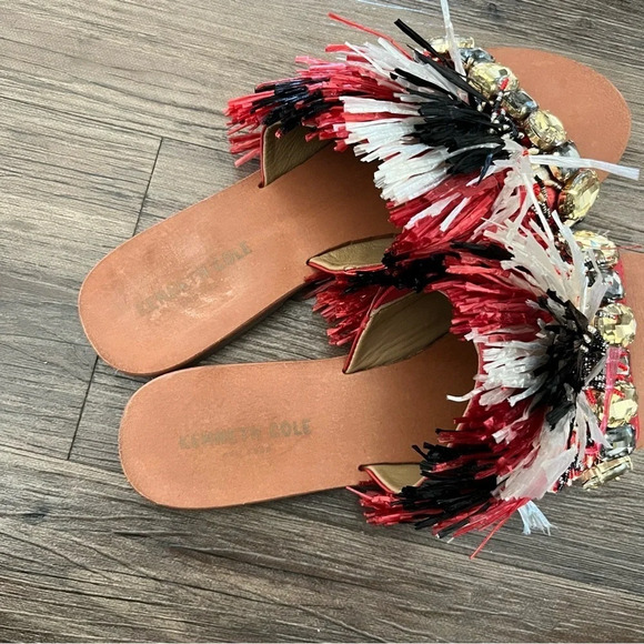 KENNETH Cole Heron Embellished Fringe Beaded Slide Sandals 9 - Picture 4 of 6